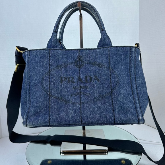 Authentic PRADA Canapa Canvas Denim Finish 2Way Shoulder Hand Bag Canvas - Picture 4 of 9
